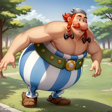 ((masterpiece, best quality)),(complex light), 1boy, solo,full body,obelix,fat, <lora:obelix1-10:0.8>,mustache, forest, twin braids,black eyes, big nose, red hair,