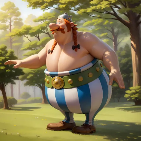 ((masterpiece, best quality)),(complex light), 1boy, solo, full body,obelix,fat, <lora:obelix1-10:0.6>,mustache, forest,