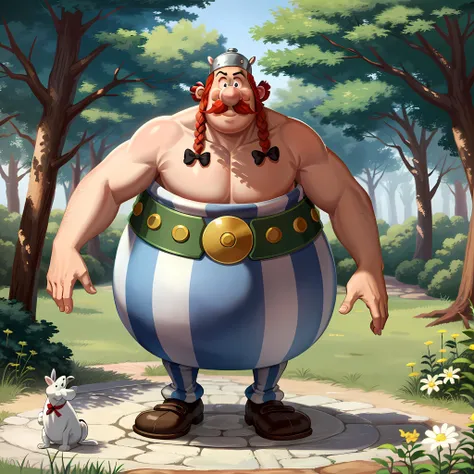 ((masterpiece, best quality)),(complex light), 1boy, solo,full body,obelix,fat, <lora:obelix1-10:0.6>,mustache, forest, twin braids,black eyes, big nose, red hair,