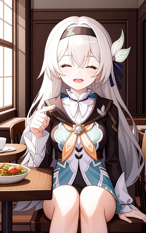 1girl,a girl named liuying,liuying,long sleeves,long hair,high quality,black hairband,(purple eyes:0.6),light smile,grey hair,bare legs,<lora:æµè¤21-000011:0.9:lbw=char>,indoors,detailed face,cowboy shot,bright pupils,(tongue out:1.2),(purple eyes,blue eyes,pink eyes:0.0),narrowed eyes,smile,(closed eyes:1.2),restaurant,sitting,table,nabe,restaurant,hand on table,, (masterpiece,best quality:1.2),absurdres, high quality,