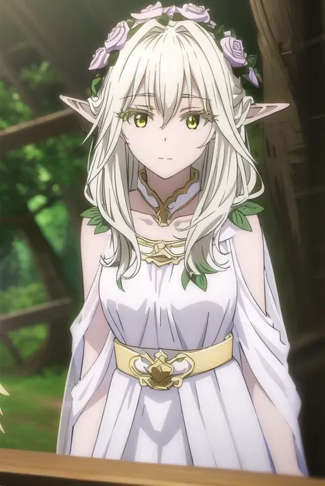 forestprincess, <lora:forest princess s2-lora-nochekaiser:1>,
forest princess, long hair, hair ornament, hair between eyes, (yellow eyes:1.3), white hair, flowers, pointy ears, hair flower, rose, hair intakes, elf, smile,
BREAK dress, collarbone, white dress,
BREAK outdoors, trees, forest, sky, grass, clouds,
BREAK looking at viewer, (cowboy shot:1.5),
BREAK <lyco:GoodHands-beta2:1>, (masterpiece:1.2), best quality, high resolution, unity 8k wallpaper, (illustration:0.8), (beautiful detailed eyes:1.6), extremely detailed face, perfect lighting, extremely detailed CG, (perfect hands, perfect anatomy),
