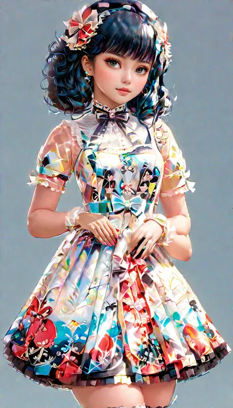 An anime design of a girl,Earth Red Rosewood Blue Black hair,holographic,intricate,elegant,sweet dress,highly detailed,digital painting,concept art,smooth,sharp focus,illustration,(full body shot), <lora:Holography:0.8> <lora:SweetLolitav2:1.4>