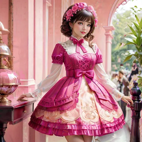 Araffe dressed in a pink and white dress standing in a hallway - SeaArt AI
