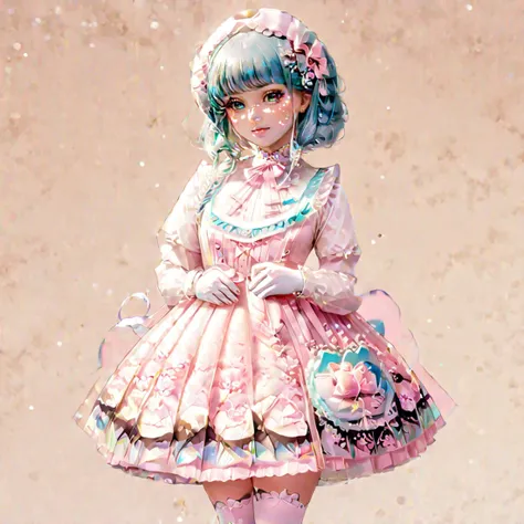 An anime design of a girl,Deep Caramel AND Carnelian Cream AND Martian Grey hair,holographic,intricate,elegant,sweet dress,highly detailed,digital painting,concept art,smooth,sharp focus,illustration,(full body shot), <lora:Holography:0.8> <lora:SweetLolitav2:1.4>