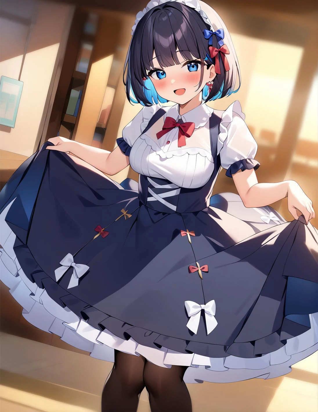 1girl, solo,18 years old, black hair,short hair, <lora:SweetLolitaXLv4.23:1:lbw=1,0,0,0,0,0,0,0,1,1,0,0,0,0,1,0.95,1,0,0,0,0,0,0,0,0,0>, sweetegl  dress with very full skirt and tights, , frilled_skirt ,  , ,,,standing ,,,smile, open mouth,,, ,  <lora:ALTXL_001_4:2>,  high quality,medium quality,