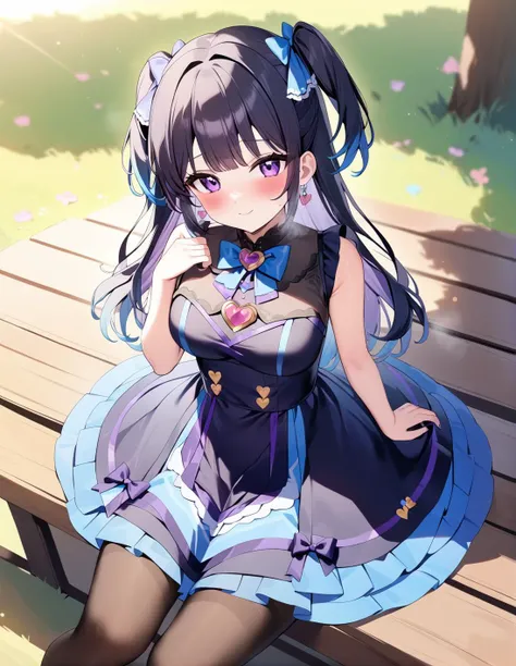 1girl, solo, , black hair,two_side_up, <lora:SweetLolitaXLv4.23:1:lbw=1,0,0,0,0,0,0,0,1,1,0,0,0,0,1,0.95,1,0,0,0,0,0,0,0,0,0>, sweetegl dress with very full skirt and tights, sleeveless, , bow on chest, ,,heart-shaped brooch on chest,sitting, ,,smile,, cute, kawaii, , <lora:ALTXL_001_4:2>, best quality,medium quality,