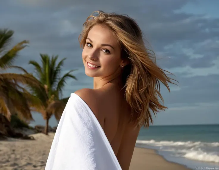 Hollywood movie, cinematic film still of beautiful and sexy JeffMilton as loving girlfriend, walking on the seashore of sandy beach, hiding behind white bath towel, seacoast with sunset and palm trees in the background, (looking at viewer:1.2), hair blown by the wind and falling on her eyes and face, realistic hair, mimic wrinkles, skin pores, detailed pupils, whole body visible, ((full body:1.2)), (from behind:1.2), sexy slim body, small breasts, flatchested, perfect teeth, happy face, loving smile, smily eyes, in love, (wind:1.5), <lora:sextowels_XL_reg0_-000004:0.6>, sextowels, nsfw, perky nipples,
masterpiece, absurdres, portrait, detailed skin texture, detailed eyes, full lips, Artistic photo , ultra sharp, film, bokeh, (high quality), 4k, shallow depth of field, vignette, highly detailed,
<lora:SDXL_JeffMilton_v1:1>,