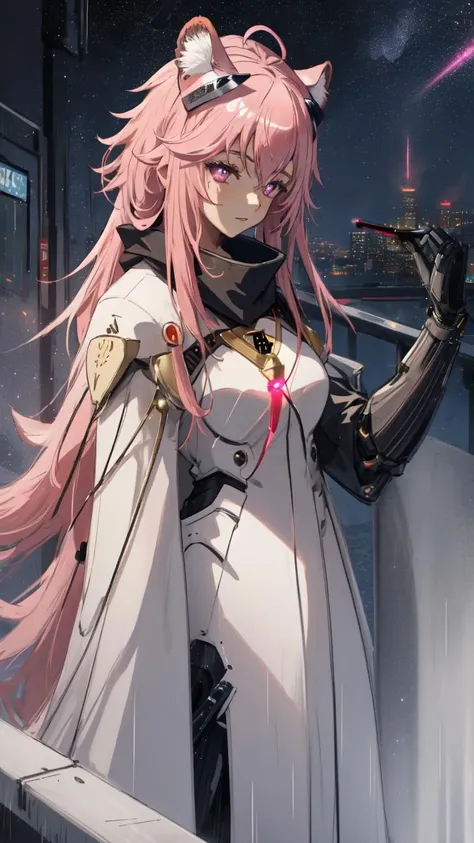 <lora:gravel5-22:1>, 1girl, solo, pink hair, pink eyes, long hair, animal ears, correct anatomy, (masterpiece:1.2, best quality) BREAK well-endowed, mature, <lora:AMechaSSS[color_theme,mecha musume, mechanical parts,robot joints,headgear]:1>, night, ancient japanese architecture, (starry sky:1.2),skyline, (neon:1.2), cyberpunk, effects, headgear, rain, mechanical halo, looking at viewer, dron, white_cape, white_coat, laurel crown, oni_mask,