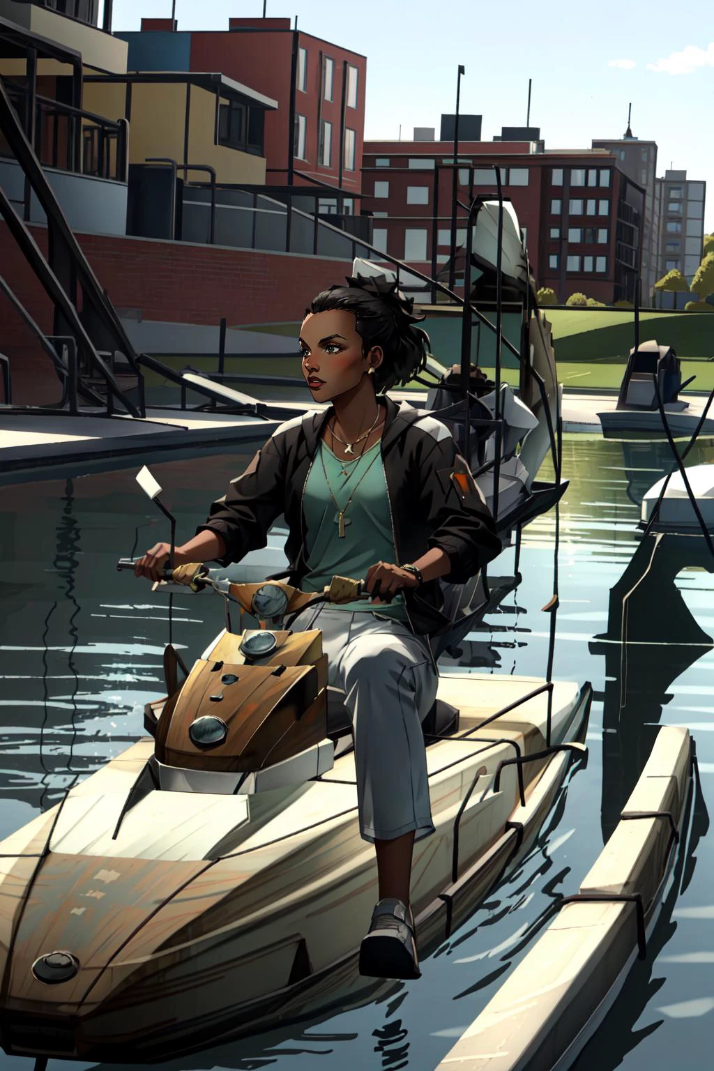 (masterpiece, best quality), intricate details,
1girl, <lora:Amber_Invincible_v15:0.8> amber, white_pants, orange_shirt, green_jacket, green_shirt, necklace, dark skin,
<lora:airboat-nvwls-v1-6-final:0.8> airboat, riding airboat,