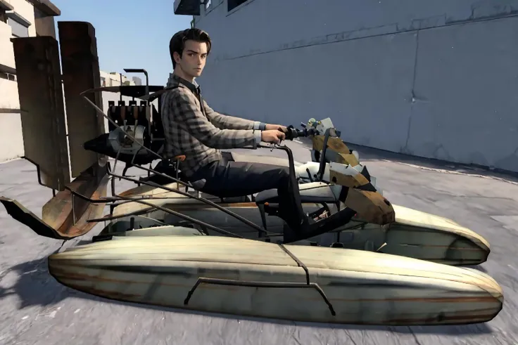 masterpiece, best quality, <lora:airboat-nvwls-v1-6-final:1> riding airboat, <lora:benny-fnv-richy-v1:1> benny, 1boy, solo, looking at viewer, checkered clothes