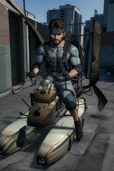 masterpiece, best quality, solid snake, headband, facial hair, blue bodysuit, blue gloves, riding airboat, airboat, night, city <lora:airboat-nvwls-v1-6-000012:1>  <lora:solidsnake-nvwls-v1-final:1>