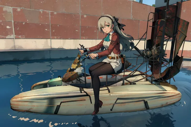 masterpiece, best quality, elie macdowell, green eyes, hairband, blue ascot, hair ribbon, long sleeves, belt, pantyhose, riding airboat, airboat <lora:airboat-nvwls-v1-6-000012:1> <lora:elie-nvwls-v2-zero:0.8>