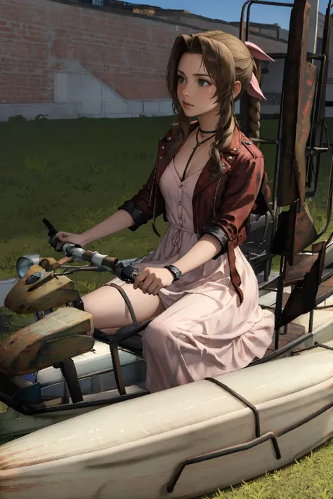 masterpiece, best quality, aerith gainsborough, cropped jacket, choker, pink dress, riding airboat, airboat <lora:airboat-nvwls-v1-6-000012:1> <lora:aerith-nvwls-v1-final:0.9>