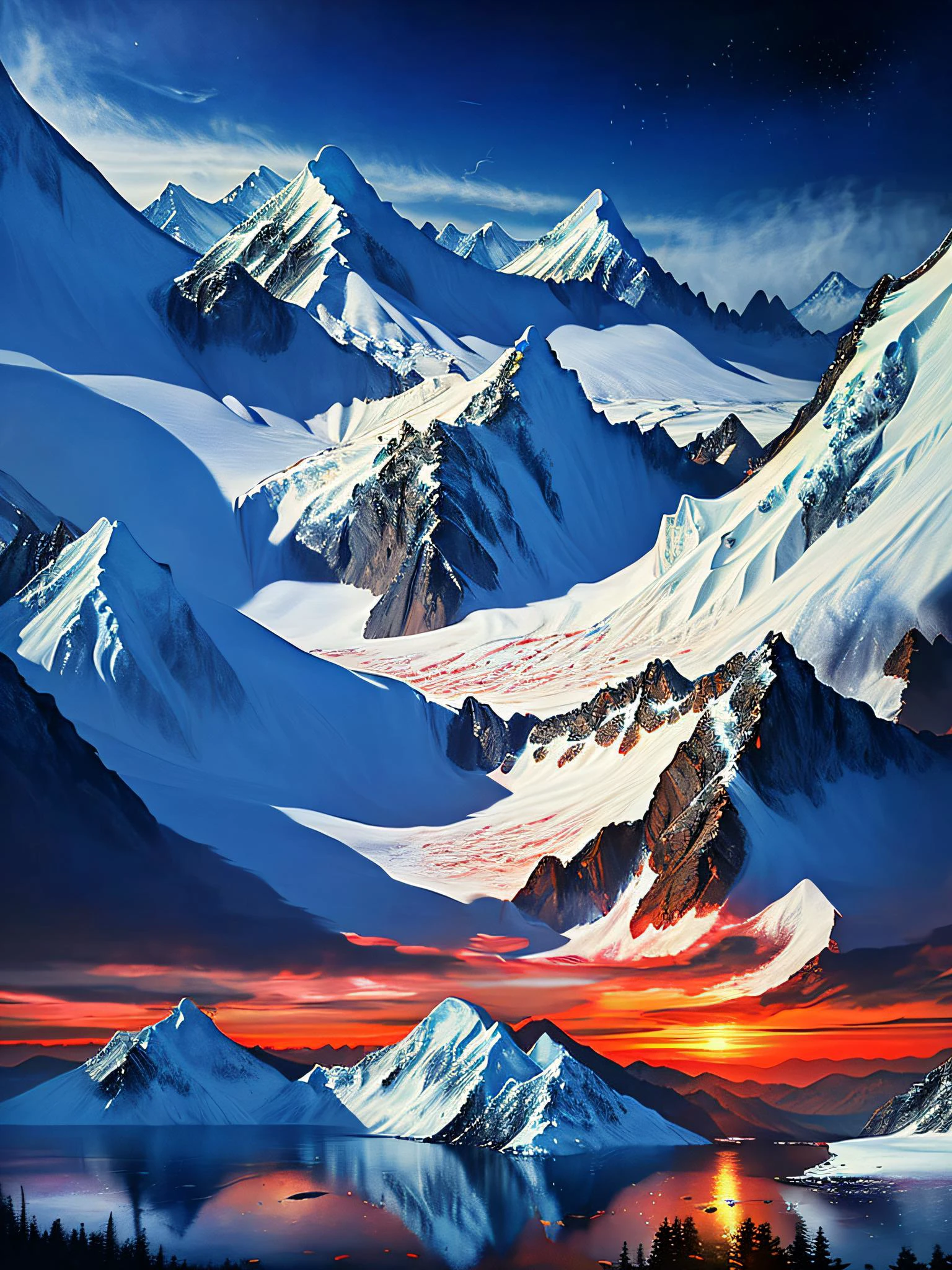 (masterpiece), (best quality), (official art, extremely detailed CG unity 8k wallpaper), (highly detailed), ((absurdres)), mid shot, (((masterpiece))), ((the best quality, super fine illustrations, beautiful and delicate water)), ((very delicate light)), ((nature, painting)), ((fine lighting, more transparent stars, high-quality snowflakes, high-quality mountains, very fine 8KCG wallpapers)), (plateau), (((snow mountain))), sunrise, randomly distributed clouds, (snow field), cliff, (( star sky)), ((lake in mountain stream)), luminous particles ,hiqcgbody,atdan,shinkai makoto,masterpiece, best quality, <lora:darkRedVampire_v10:1> <lora:sunAndShadow_v10:1>