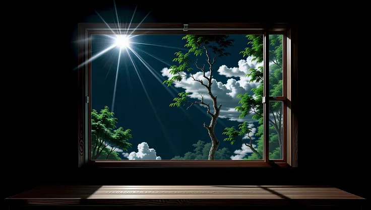 a view of a window with a tree and a sun shining through it