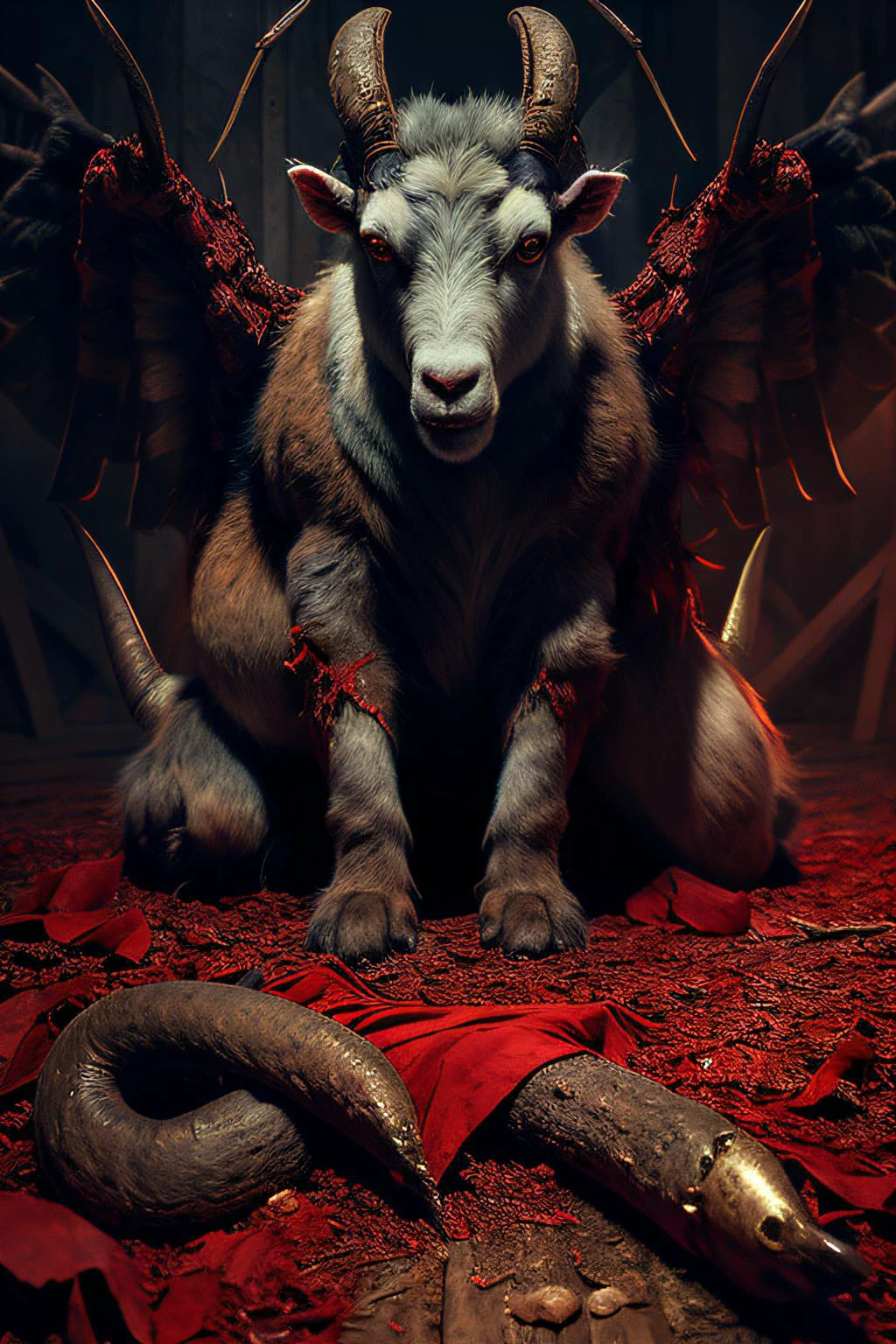 a goat headed demon with big horns, strong beefy upper body, blood body paints, furs, ((claws, wings)), demonic armor, blood splatters, skulls on the floor, necromancer ritual , medieval, dark room, dim light,
masterpiece, realistic, oil painting
<lora:aToZovyaRPGArtists_v2Art:0.5> <lora:darkRedVampire_v10:1>