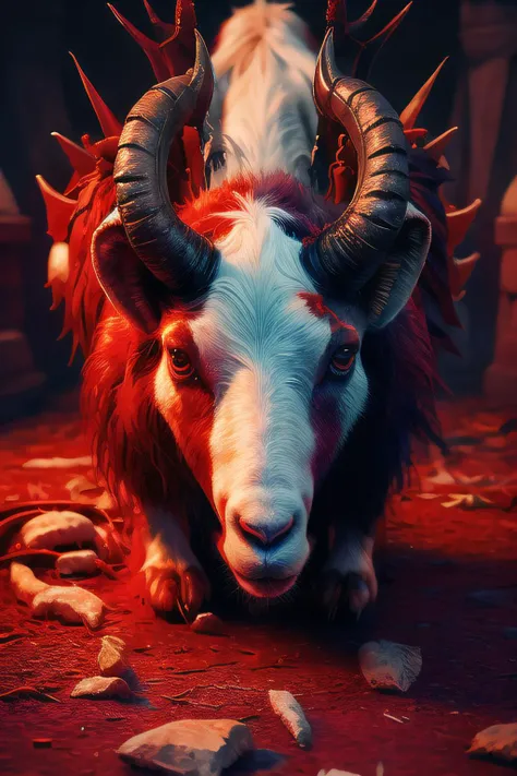 a goat headed demon with big horns, strong beefy upper body, blood body paints, furs, ((claws, wings)), demonic armor, blood splatters, skulls on the floor, necromancer ritual , medieval, dark room, dim light,
masterpiece, realistic, oil painting
<lora:aToZovyaRPGArtists_v2Art:0.5> <lora:darkRedVampire_v10:1>