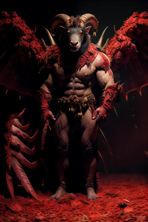 a goat headed demon with big horns, strong beefy upper body, blood body paints, furs, ((claws, wings)), demonic armor, blood splatters, skulls on the floor, necromancer ritual , medieval, dark room, dim light,
masterpiece, realistic, oil painting
<lora:aToZovyaRPGArtists_v2Art:0.5> <lora:darkRedVampire_v10:1>