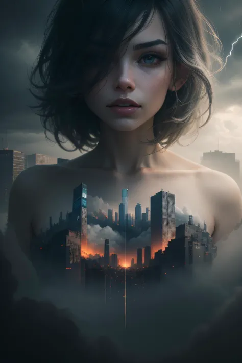 cyberpunk [foggy cityscape in the distance : very pretty girl, city:0.43] immersed in a giant flow of wind, living in a thunder cloud, behind the cloud, (double exposure:1.3), photo by Brandon Woelfelmist, surreal dream, gray atmosphere, rainy day, dynamic, lut, hdr <lora:darkRedVampire_v10:0.1>