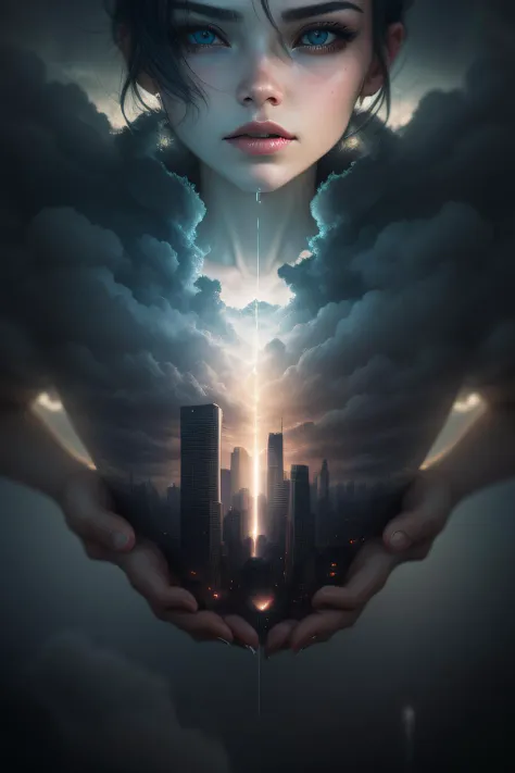 a woman holding a city in her hands with a sky background