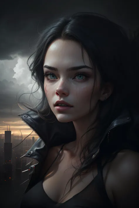 cyberpunk [foggy cityscape in the distance : very pretty girl, city:0.33] immersed in a giant flow of wind, living in a thunder cloud, behind the cloud, (double exposure:1.3), photo by Brandon Woelfelmist, surreal dream, gray atmosphere, rainy day, dynamic, lut, hdr <lora:darkRedVampire_v10:0.5>