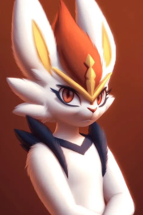 <lora:cinderace-09:0.9>, cinderace, red eyes, (posing:1.3), (soft shading), 4k, hi res, five fingers, detailed hands, ((detailed face, (detailed eyes:1.0), detailed)), by zackarry911, by zaush, (by personalami:0.5), solo, looking at viewer, simple background, closed mouth, upper body, flat chest, :<, white border, two-tone background, brown background, cropped torso, orange background, portrait, close-up