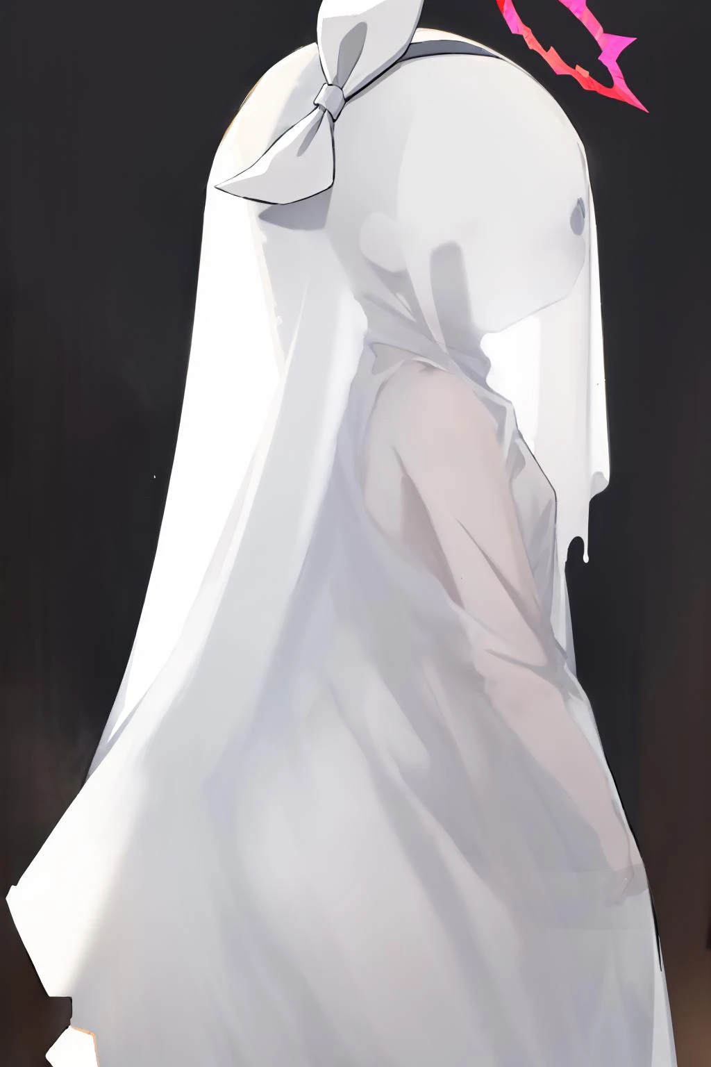 from side, small breasts,(faceless:1.2),
(ghost costume:1.4),plana,halo,bow,white background, wet clothes <lora:plana:1> <lora:ghost_costume_faceless:1>