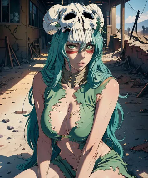 neliel from (Bleach anime), (beautiful green eyes), green hair, torn clothes, long hair, neliel skull mask barefoot. sexy raking light, sitting in Ghost's Haven - a desolate, abandoned town haunted by malevolent spirits.
<lora:nelielBLEACH_nelielV2:.9>
photorealistic, photo of Neliel, masterpiece, realistic, realism, photorealism, high contrast, photorealistic digital art trending on Artstation 8k HD high definition detailed realistic, detailed, skin texture, hyper detailed, realistic skin texture, armature, best quality, ultra high res, (photorealistic:1.4),, high resolution, detailed, raw photo, sharp re, by lee jeffries nikon d850 film stock photograph 4 kodak portra 400 camera f1.6 lens rich colors hyper realistic lifelike texture dramatic lighting unrealengine trending on artstation cinestill 800