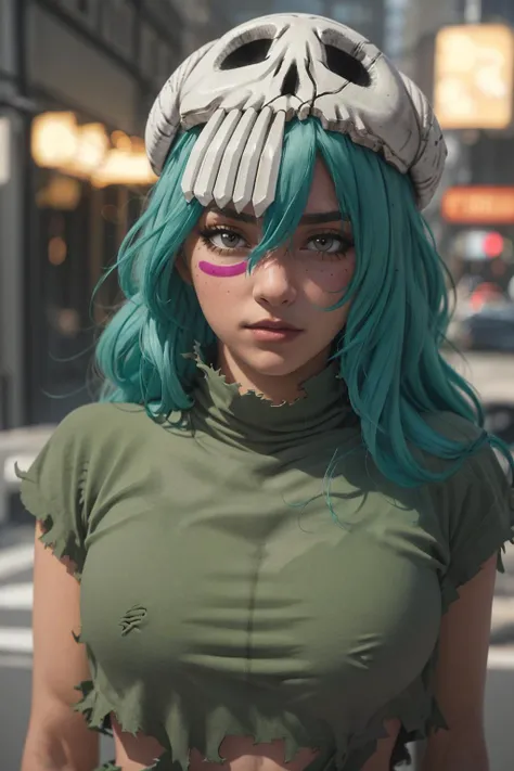award-winning photography, ultra realistic, 1girl, neliel, green eyes, green hair, torn clothes, facial mark, barefoot, long hair, skull, (full body shot:1.1), matte eyeshadow, eyelashes, eyeliner, ultra glossy lips, (pouty lips:1.2), makeup, blush, (skindentation), detailed clothes, beautifully detailed woman, extremely detailed eyes and face, beautiful detailed eyes, (bokeh, UHD, HDR, highres, ultra detailed, intricate details, textural effects, absurdres, masterpiece, 8k:1.2), <lora:nelielBLEACH_nelielV2:0.7>