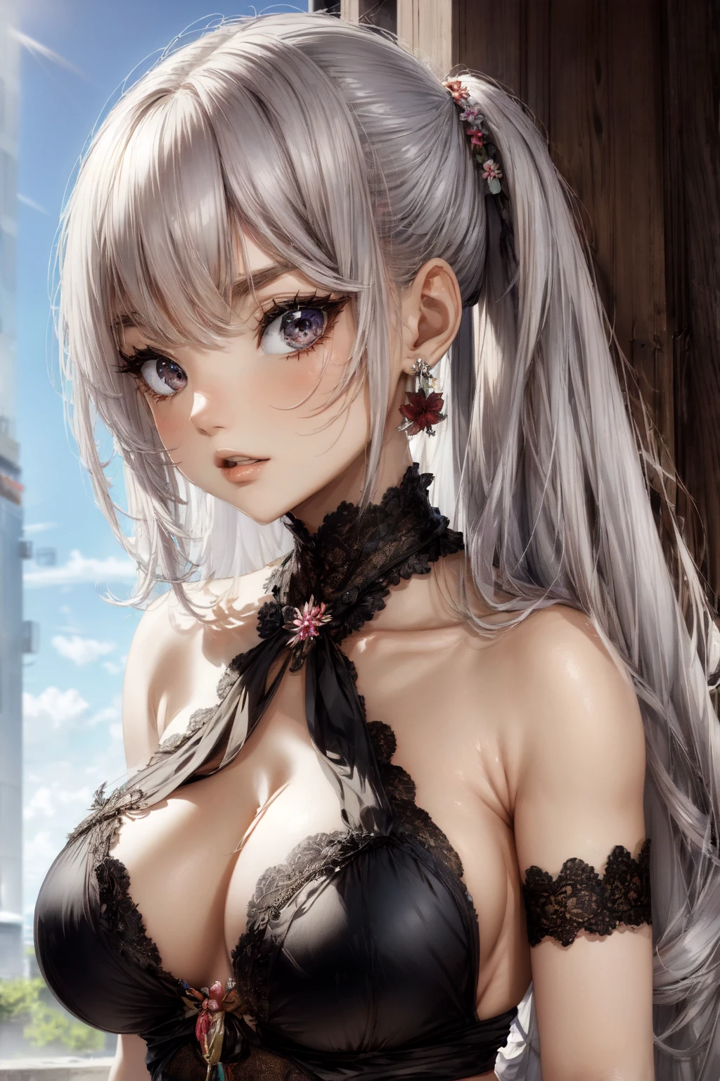 1girl, A thought-provoking artwork that sparks imagination and invites multiple interpretations, Amidst a realm of ethereal allure, a tree of ethereal blooms emerges, its petals shimmering with an otherworldly glow, casting a spell of enchantment on all who behold, Vestured, Female Warrior, Tall, Athletic, Heart-Shaped Face, Fair Skin, White Hair, brown Eyes, Narrow Nose, Full Lips, Receding Chin, Shoulder-Length Hair, Curly Hair, Wavy Updo, full breasts, Threader earrings, hot pink cream lipstick, Shimmering luster that adds a touch of elegance and allure, :p, crazy, >:], breathtaking, intricate details, absurdres, highres, ultra detailed, highest quality, amazing details, <lora:add_detail:0.7> <lora:GoodHands-beta2:1>