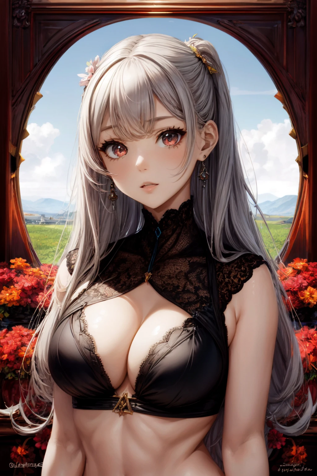 1girl, An expressive artwork with fluid lines and bold brushstrokes, capturing the essence of emotion, Obsidian, Wrapped up, Chanteuse, Short, Slim, Heart-Shaped Face, Olive Skin, Silver Hair, Brown Eyes with Green Flecks, Narrow Nose, Pouty Lips, Prominent Chin, Long Hair, Wavy Hair, Fancy Updo, round breasts, Stud earrings, peach satin lipstick, Within a celestial realm, a celestial garden manifests, its celestial flowers emanating a soft, radiant glow, :o, neutral, (0v)0_a%;%%;, breathtaking, intricate details, absurdres, highres, ultra detailed, highest quality, amazing details, <lora:add_detail:0.7> <lora:GoodHands-beta2:1>