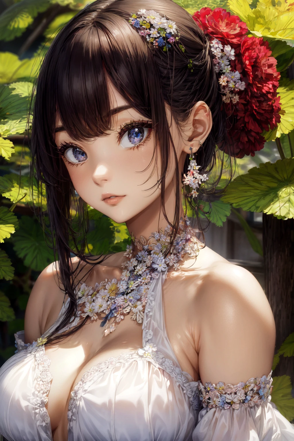 1girl, An abstract representation of the passage of time, with layers and marks suggesting the flow of moments, In a realm of eternal spring, a harmonious garden thrives, its blooms swaying to the rhythm of life, Covered, Countess, Tall, Fit, Diamond-Shaped Face, Fair Skin, Gray Hair, light blue Eyes, Long Nose, Thin Lips, Sharp Chin, Shoulder-Length Hair, Fine Hair, Rope Braid, soft breasts, Dangle earrings, green metallic lipstick, Dazzling luster that sparkles brilliantly in the light, breathtaking, intricate details, absurdres, highres, ultra detailed <lora:add_detail:0.7> <lora:GoodHands-beta2:1>