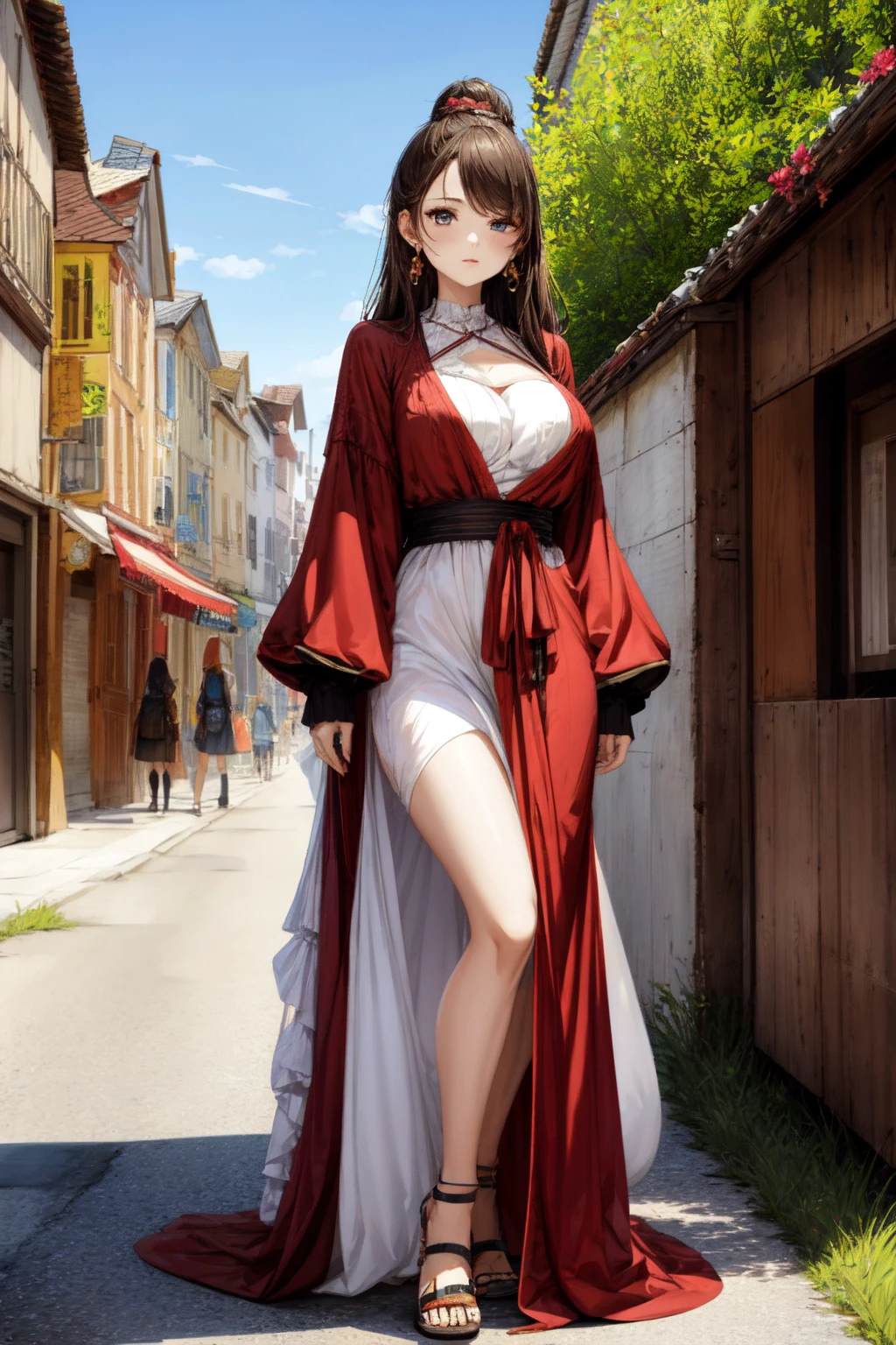 1girl, Loose-fitting ankle-length gown made of lightweight linen in muted forest green, featuring a high waistline and wide sleeves, Superwoman, Short, Lean, Square Face, Olive Skin, Chestnut Hair, hazel Eyes, [[Curved Nose]], Pouty Lips, Prominent Chin, Long Hair, Straight Hair, Twisted Bun, natural breasts, Stud earrings, terracotta cream lipstick, Bending the upper body backwards while standing, Whimsical medieval town square, complete with a central fountain and colorful banners, disgust, suspicious, :/ , illustration, breathtaking, intricate details, absurdres, highres, ultra detailed, highest quality, amazing details, <lora:add_detail:0.7> <lora:GoodHands-beta2:1>