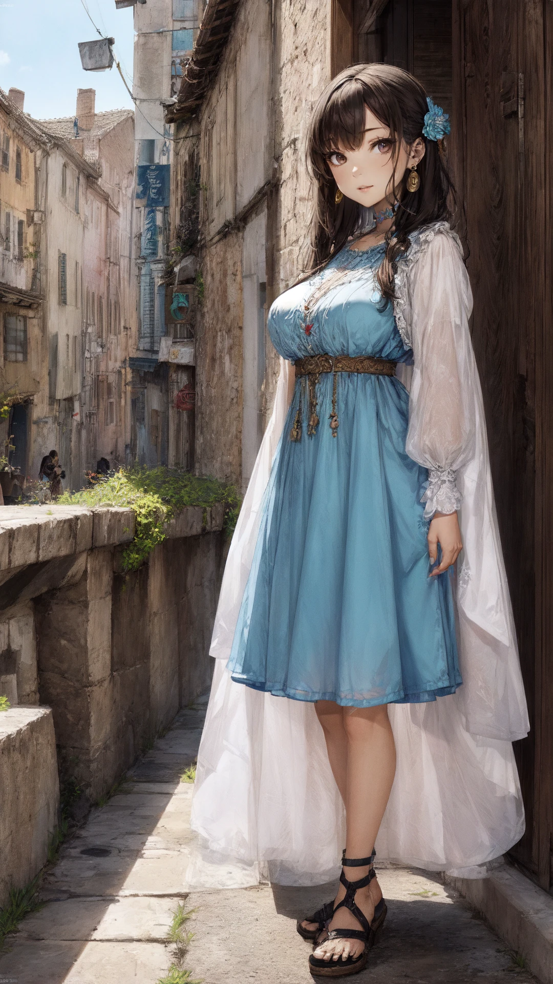 1girl, solo, Modest A-line dress made of sturdy cotton, in a rich maroon color, featuring a high waistline, long fitted sleeves, and a linen coif, Superwoman, Short, Firm, Round Face, Olive Skin, Light Brown Hair, turquoise Eyes, Long Nose, Thin Lips, Round Chin, Long Hair, Thick Hair, Boho Braid, firm breasts, Stud earrings, cherry sheer lipstick, Standing with feet together, bending one knee and holding the foot with the hand, Serene medieval monastery, its stone walls adorned with intricate carvings, happy, happy, :-), breathtaking, intricate details, absurdres, highres, ultra detailed, highest quality, amazing details, <lora:add_detail:0.7> <lora:GoodHands-beta2:1>