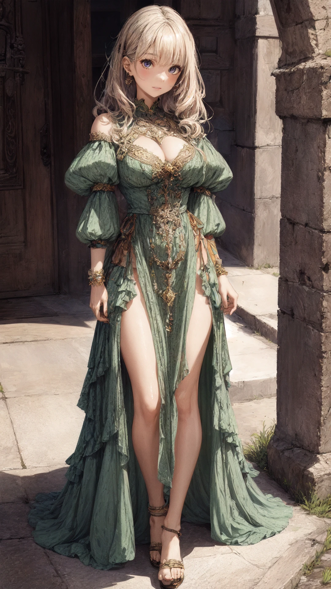 1girl, solo, Richly embroidered silk dress in deep burgundy, with a high-waisted bodice, puffed sleeves, and a floor-length skirt, Lady, Average Height, Toned, Round Face, Olive Skin, Blonde Hair, Blue Eyes, Narrow Nose, Thin Lips, Round Chin, Shoulder-Length Hair, Fine Hair, Layered Bob, soft breasts, Threader earrings, green metallic lipstick, Lying on the back with legs bent and feet close to the buttocks, Serene medieval monastery, its stone walls adorned with intricate carvings, smug, :3, 8) , breathtaking, intricate details, absurdres, highres, ultra detailed, highest quality, amazing details, <lora:add_detail:0.7> <lora:GoodHands-beta2:1>