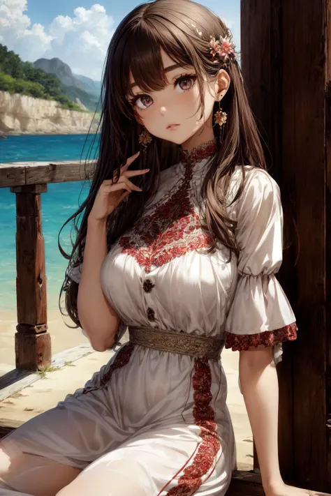 1girl, solo, Richly embroidered silk dress in deep burgundy, with a high-waisted bodice, puffed sleeves, and a floor-length skirt, Madam, Tall, Fit, Round Face, Tan Skin, Silver Hair, red Eyes, Wide Nose, Thick Lips, Sharp Chin, Shoulder-Length Hair, Fine Hair, Beach Waves, full breasts, Hoop earrings, rose matte lipstick, Bending forward and resting the forehead on the knees or shins, Serene medieval monastery, its stone walls adorned with intricate carvings, :|, indifferent, :-(, breathtaking, intricate details, absurdres, highres, ultra detailed, highest quality, amazing details, <lora:add_detail:0.7> <lora:GoodHands-beta2:1>