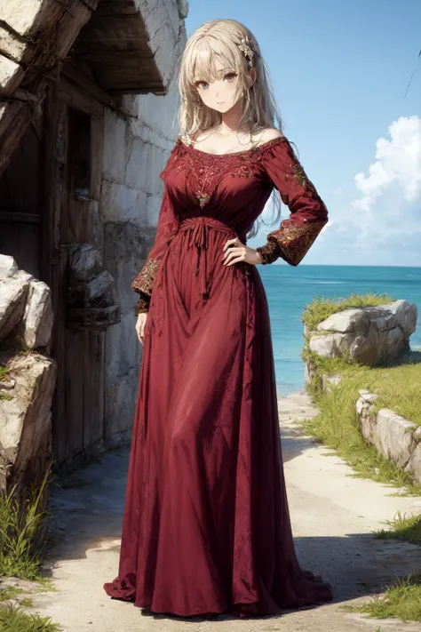 1girl, solo, Richly embroidered silk dress in deep burgundy, with a high-waisted bodice, puffed sleeves, and a floor-length skirt, Female Viking, Tall, Fit, Triangular Face, Fair Skin, Golden Blonde Hair, blue Eyes, Wide Nose, Pouty Lips, Round Chin, Shoulder-Length Hair, Straight Hair, Fringed Bangs, round breasts, Threader earrings, hot pink stain lipstick, Standing with feet wide apart, bending to one side with arm reaching overhead, Ancient medieval fortress perched on a rugged cliff, offering breathtaking views, disgust, indifferent, :-D, breathtaking, intricate details, absurdres, highres, ultra detailed, highest quality, amazing details, <lora:add_detail:0.7> <lora:GoodHands-beta2:1>