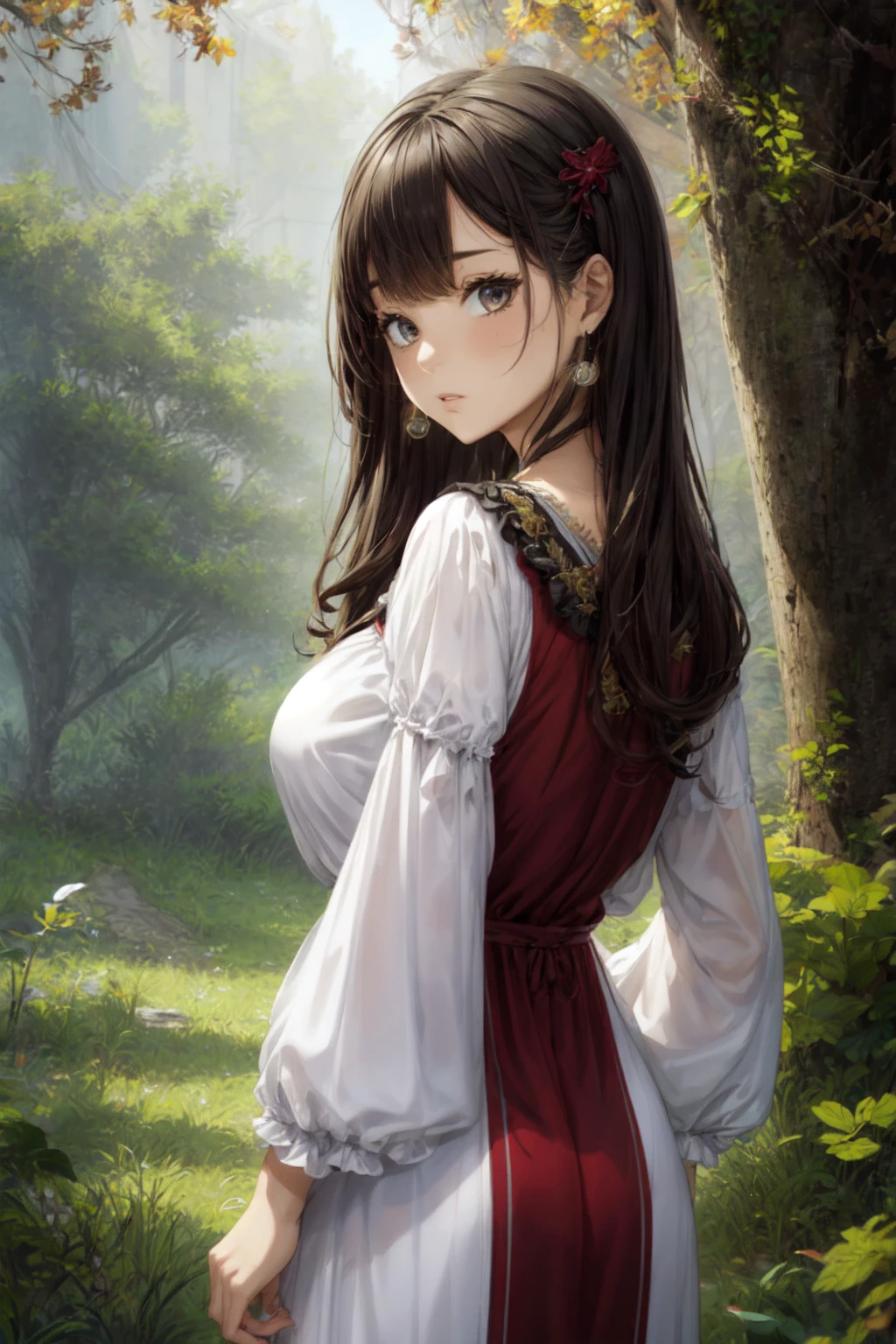 1girl, solo, Modest A-line dress made of sturdy cotton, in a rich maroon color, featuring a high waistline, long fitted sleeves, and a linen coif, Songstress, Tall, Skinny, Oval Face, Olive Skin, Chestnut Hair, ice blue Eyes, Narrow Nose, Thin Lips, Prominent Chin, Shoulder-Length Hair, Wavy Hair, Side-Swept Bangs, large breasts, Threader earrings, lavender cream lipstick, Lying on the back with knees bent and feet flat on the ground, Mysterious medieval forest shrouded in mist, hiding secrets within its ancient trees, :o, angry, :] , breathtaking, intricate details, absurdres, highres, ultra detailed, highest quality, amazing details, <lora:add_detail:0.7> <lora:GoodHands-beta2:1>