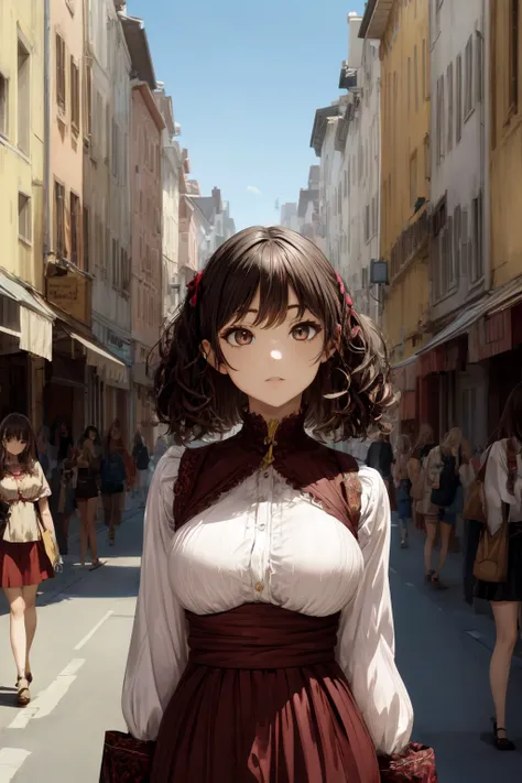 1girl, solo, Modest A-line dress made of sturdy cotton, in a rich maroon color, featuring a high waistline, long fitted sleeves, and a linen coif, Seductress, Average Height, in shape, Triangular Face, Olive Skin, Golden Blonde Hair, brown Eyes, Wide Nose, Thick Lips, Round Chin, Shoulder-Length Hair, Curly Hair, Tapered Afro, natural breasts, , green satin lipstick, Stretching the body with arms overhead, Enchanting medieval marketplace bustling with merchants and lively townsfolk, smug, lonely, (O), breathtaking, intricate details, absurdres, highres, ultra detailed, highest quality, amazing details, <lora:add_detail:0.7> <lora:GoodHands-beta2:1>