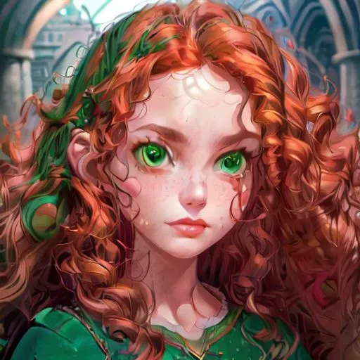 character: Merida, good quality, disney style, red hair, (perfect_face), ((stone throne)), (stone castle), cold light, moonlight, (inside), (perfect hands), ((masterpiece)), curly red hair, green eyes, portrait, (perfect face, detailed face, detailed eyes, perfect hands, perfect fingers), ivy tiara, medieval crown, ((great quality)) (ultra detailed), full body, looking at viewer, (((detailed face and eyes))), solo, loramerida, green dress, colorful, detailed eyes, ((((night time)))), best aesthetic, instagram, pixiv, hart shaped lips, (((highly details))), inside, ((moon)), moonlight, blue light, cold light, stone castle, inside, woman face, angry, open mouth,