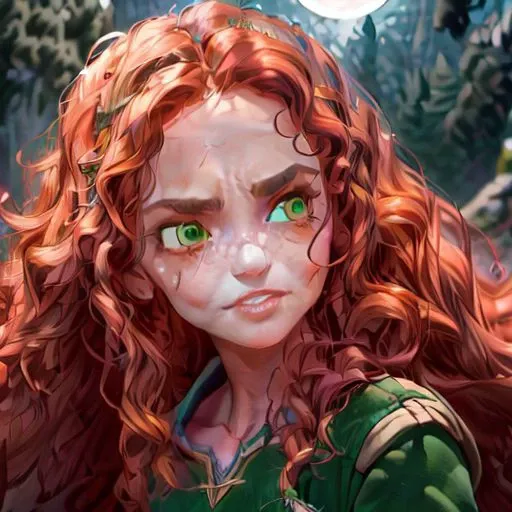 character: Merida, archer, armorer, medieval, good quality, disney style, red hair, (perfect_face), ((stone throne)), (stone castle), cold light, moonlight, (inside), (perfect hands), ((masterpiece)), curly red hair, green eyes, ((black bear)), sunset, portrait, (perfect face, detailed face, detailed eyes, perfect hands, perfect fingers), tiara, queen crown, medieval crown, ((great quality)) (ultra detailed), full body, looking at viewer, (((detailed face and eyes))), solo, loramerida, orange hair, green dress, colorful, detailed eyes, ((((night time)))), best aesthetic, instagram, intricate details, pixiv, hart shaped lips, (((highly details))), inside, ((moon)), moonlight, blue light, cold light, stone castle, inside, woman face, angry, open mouth,