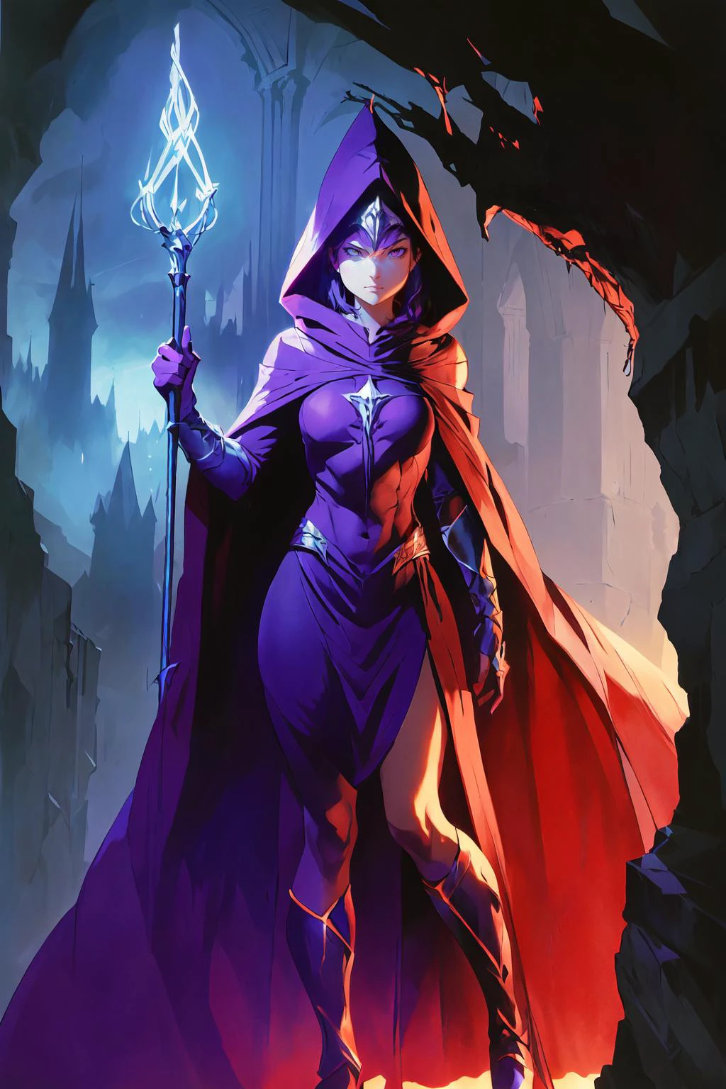 1girl soft lighting, wizard, dynamic pose staff, red and purple magical glowing energy, hood, glowing eyes, under a dark dungeon, dim light, by Adrian Smith and Alan Lee and alex Ross (best quality, masterpiece, ultra high res, absurdres) <lora:epiNoiseoffset_v2:1>