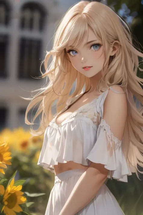 (1girl, solo, gigantic breasts:1.6, (mole on breast), blonde hair, very long hair, loose bangs, hair over one eye, blue eyes, beautiful face, heart shaped lips, red lips, delicate and detailed body, correct anatomy, abs, sexy thighs, sexy legs), BREAK 
cleavage, pullover top, pleated tennis skirt, lace, sexy attire, BREAK 
(masterpiece, best quality), (absurdres:1.2), (ultra detailed, 8K, ultra highres:1.2), (bokeh, sharp focus, depth of field), BREAK 
smiling, seductive smile, grin, seductive eyes, cute, consistent, BREAK
dynamic pose, (flower field:1), (sunny day:1), (blue sky:1), [looking at viewer]