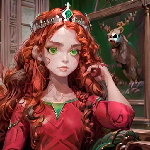 red dress, archer, armorer, medieval, good quality, disney princess style, red hair, (perfect_face), ((stone throne)), (forest), (perfect hands), ((masterpiece)), <lora:Dalcefo_v3_Painting_Kappa-LoRA300:0.1> <lora:bondageSuspension_v11:0.4> <lora:bitchsuit:0.1>, curly red hair, green eyes, ((black bear)), sunset, portrait, (perfect face, detailed face, detailed eyes,perfect hands,perfect fingers), tiara, queen crown, medieval crown, (finely best quality illustration:1.2) ((great quality)) (ultra-detailed, highres:1.0), full body, looking at viewer, detailed face and eyes, solo, loramerida, orange hair, green dress.