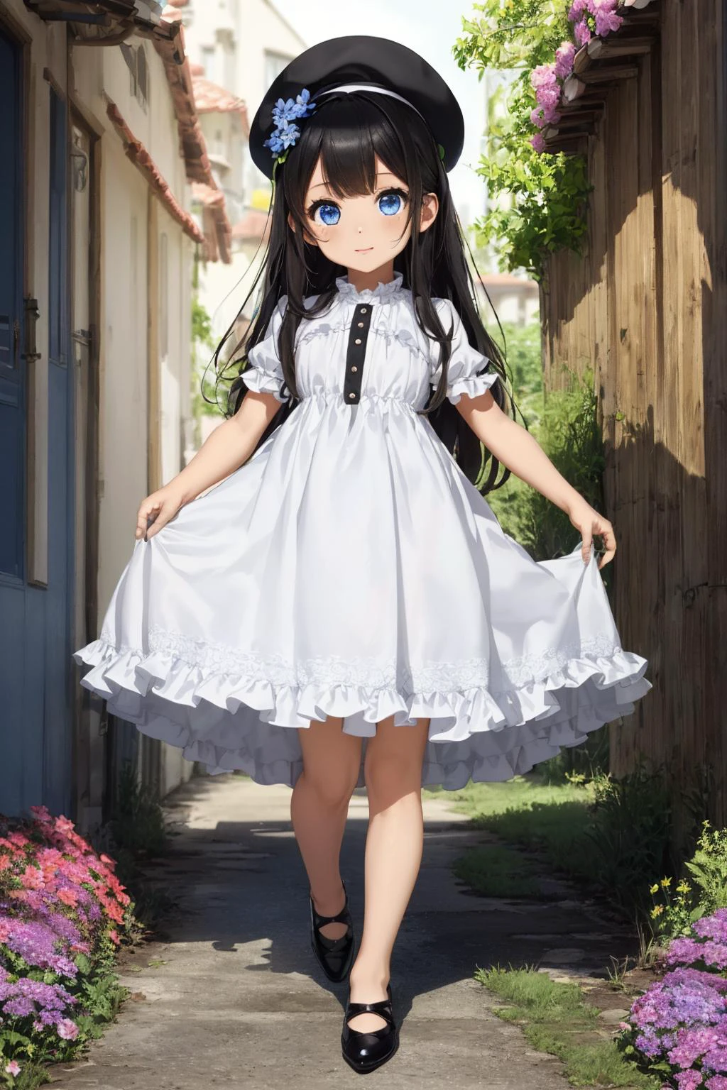 best quality,extremely detailed, (cute girl, solo, 1girl, symmetrical eyes, drooping eyes, dark blue eyes , black hair, long hair:1.2), white skin, align bangs, white hat, white dress with frill, chuckle, full body, flower garden, ultra detailed, bloom lighting, amazing details,