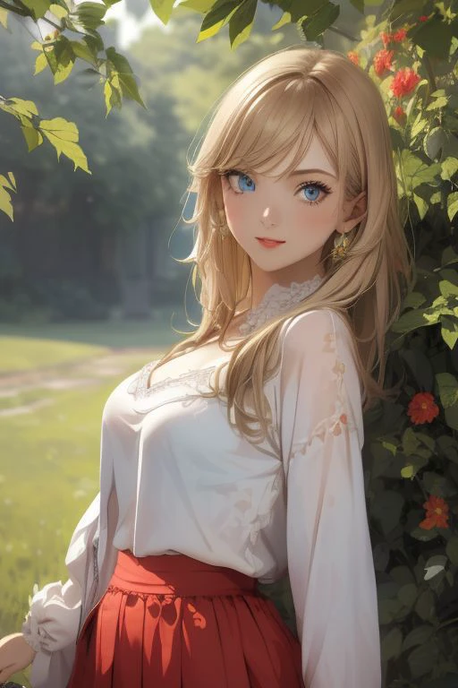 (1girl, solo, gigantic breasts:1.6, (mole on breast), blonde hair, very long hair, loose bangs, hair over one eye, blue eyes, beautiful face, heart shaped lips, red lips, delicate and detailed body, correct anatomy, abs, sexy thighs, sexy legs), BREAK 
cleavage, pullover top, pleated tennis skirt, lace, sexy attire, BREAK 
(masterpiece, best quality), (absurdres:1.2), (ultra detailed, 8K, ultra highres:1.2), (bokeh, sharp focus, depth of field), BREAK 
smiling, seductive smile, grin, seductive eyes, cute, consistent, BREAK
dynamic pose, (flower field:1), (sunny day:1), (blue sky:1), [looking at viewer]