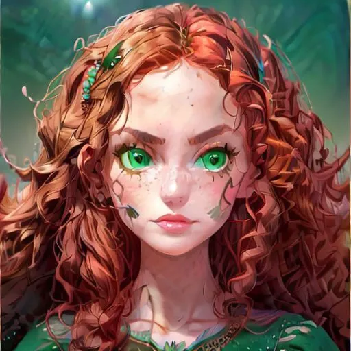 character: Merida, good quality, disney style, red hair, (perfect_face), ((stone throne)), (stone castle), cold light, moonlight, (inside), (perfect hands), ((masterpiece)), curly red hair, green eyes, portrait, (perfect face, detailed face, detailed eyes, perfect hands, perfect fingers), ivy tiara, medieval crown, ((great quality)) (((perfect eyes))) (((perfect eyelashes))), full body, looking at viewer, (((detailed face and eyes))), solo, loramerida, green dress, colorful, detailed eyes, ((((night time)))), best aesthetic, instagram, pixiv, hart shaped lips, (((highly details))), inside, ((moon)), moonlight, blue light, cold light, stone castle, inside, woman face, angry, open mouth, jewelry