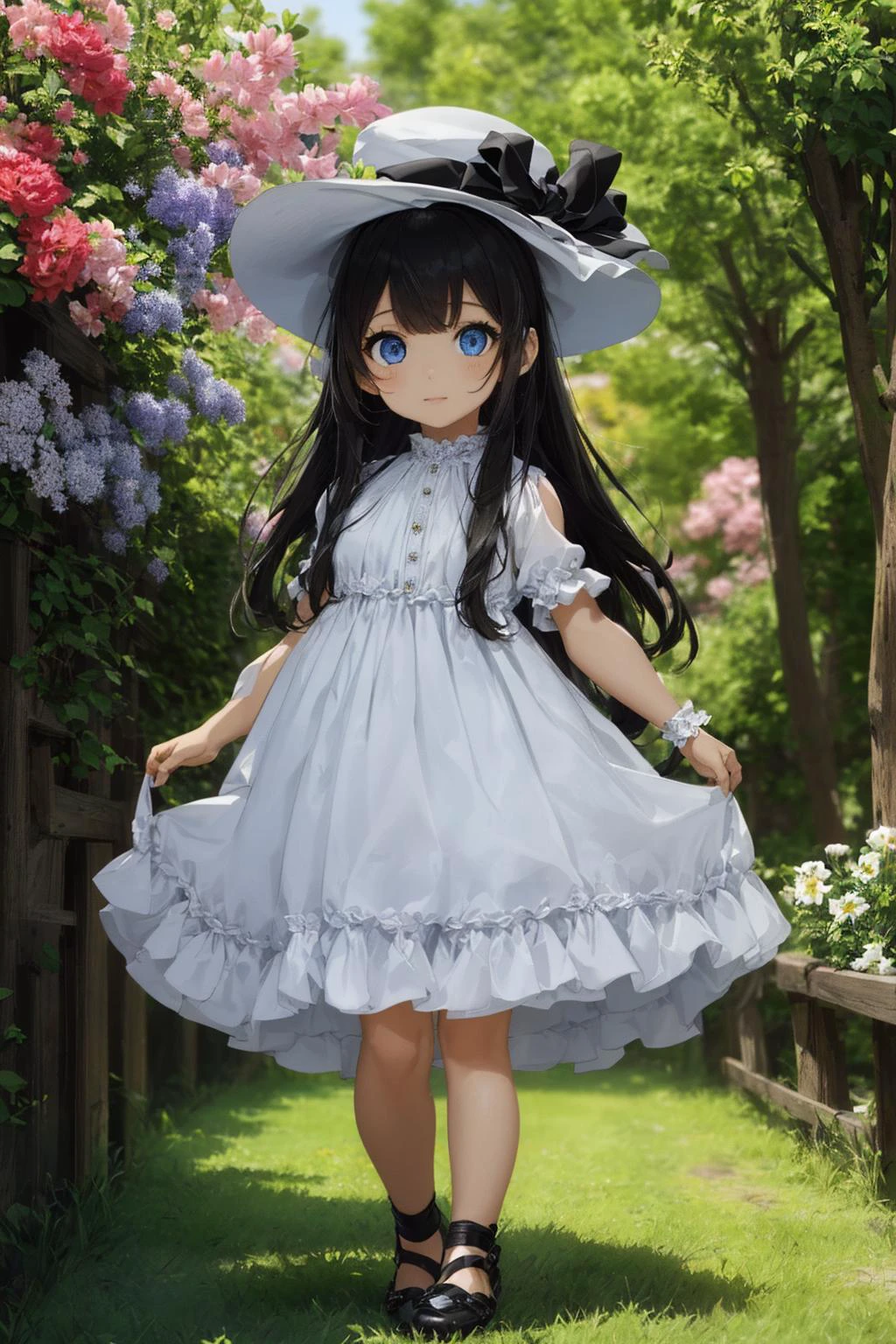 best quality,extremely detailed, (cute girl, solo, 1girl, symmetrical eyes, drooping eyes, dark blue eyes , black hair, long hair:1.2), white skin, align bangs, white hat, white dress with frill, chuckle, full body, flower garden, ultra detailed, bloom lighting, amazing details,