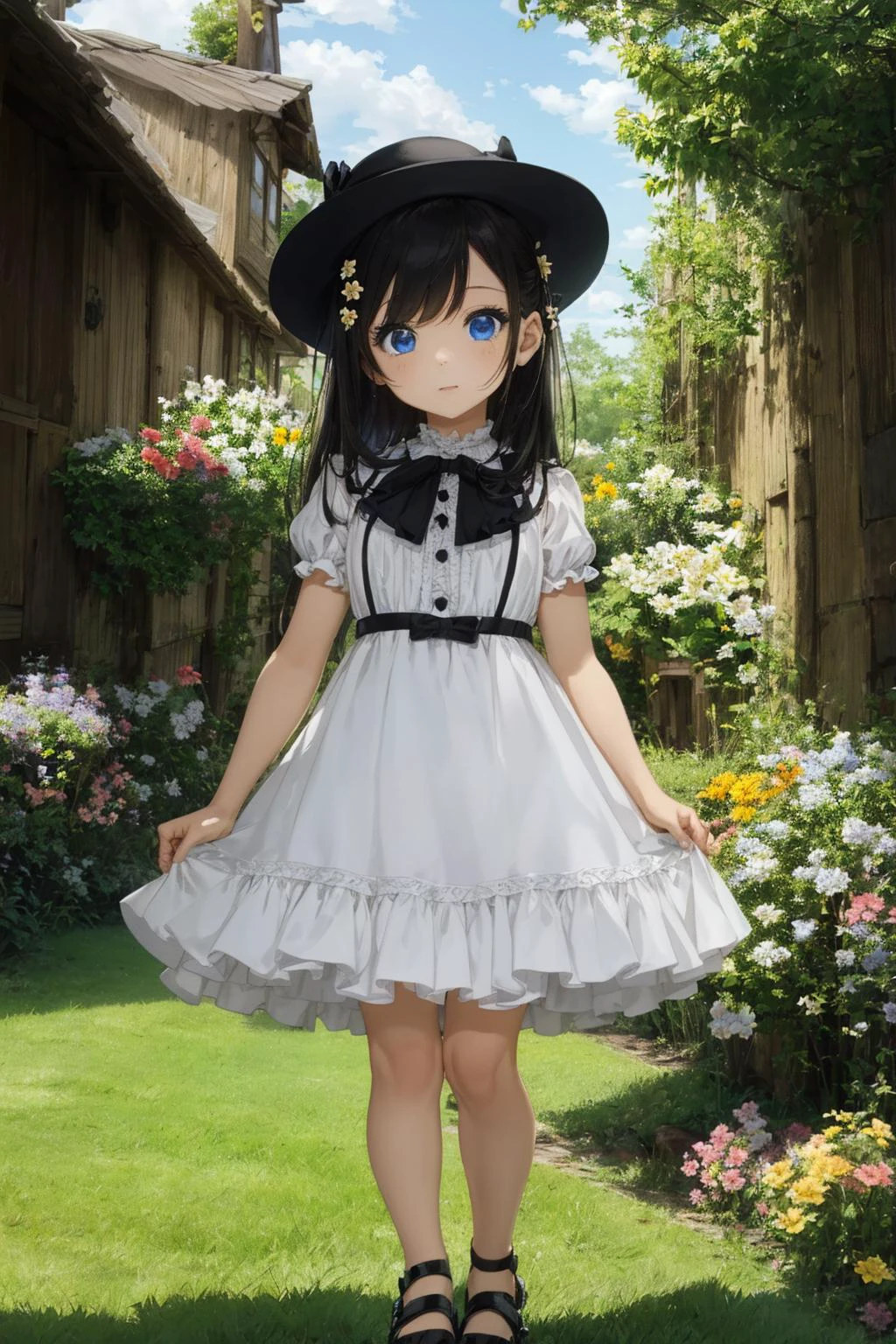 best quality,extremely detailed, (cute little girl, solo, 1girl, symmetrical eyes, drooping eyes, dark blue eyes , black hair, long hair:1.2), white skin, align bangs, white hat, white dress with frill, chuckle, full body, flower garden, ultra detailed, bloom lighting, amazing details,