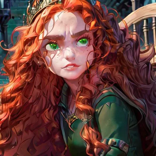 character: Merida, archer, armorer, medieval, good quality, disney style, red hair, (perfect_face), ((stone throne)), (stone castle), cold light, moonlight, (inside), (perfect hands), ((masterpiece)), curly red hair, green eyes, ((black bear)), sunset, portrait, (perfect face, detailed face, detailed eyes, perfect hands, perfect fingers), tiara, queen crown, medieval crown, ((great quality)) (ultra detailed), full body, looking at viewer, (((detailed face and eyes))), solo, loramerida, orange hair, green dress, colorful, detailed eyes, ((((night time)))), best aesthetic, instagram, intricate details, pixiv, hart shaped lips, (((highly details))), inside, ((moon)), moonlight, blue light, cold light, stone castle, inside, woman face, angry, open mouth,